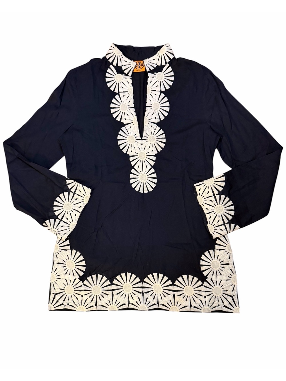 Tory Burch Navy Tunic Top Embroidered Trim Size 12